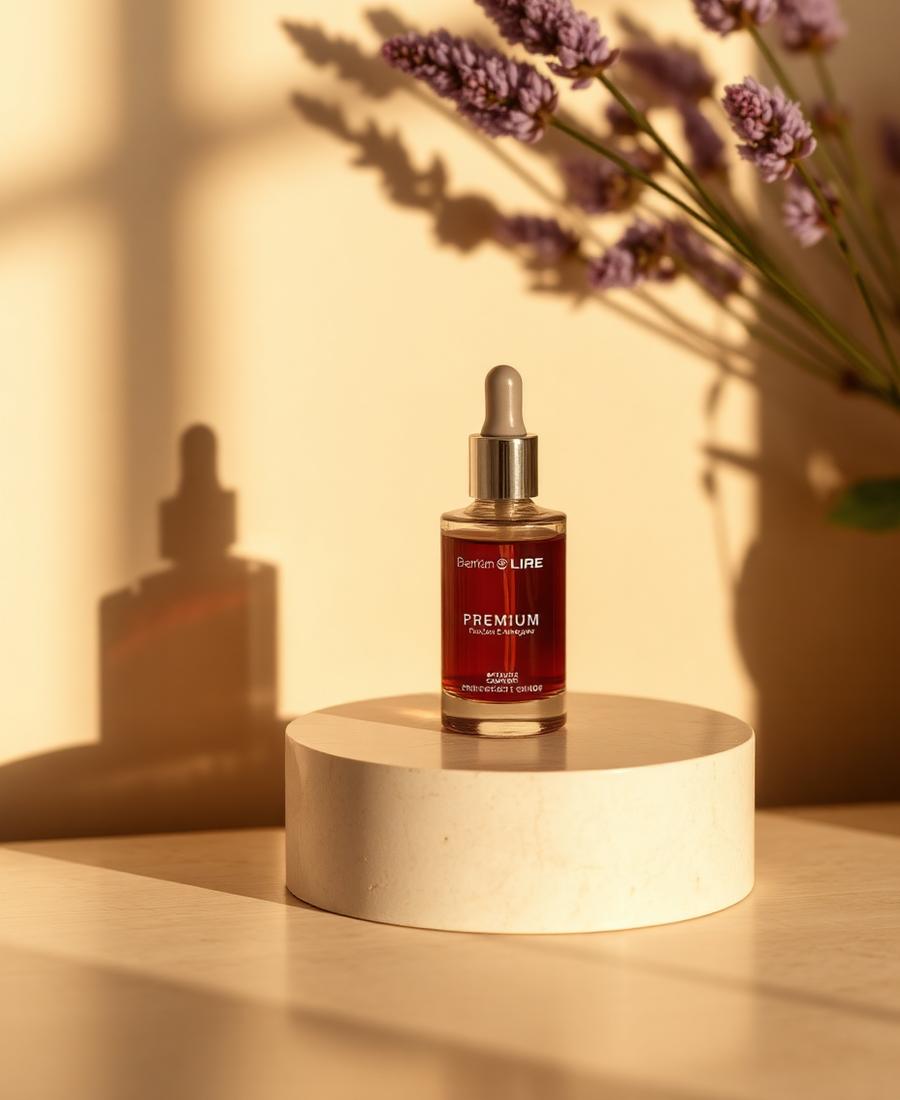 Lavender stems and a serum bottle on a beige plinth